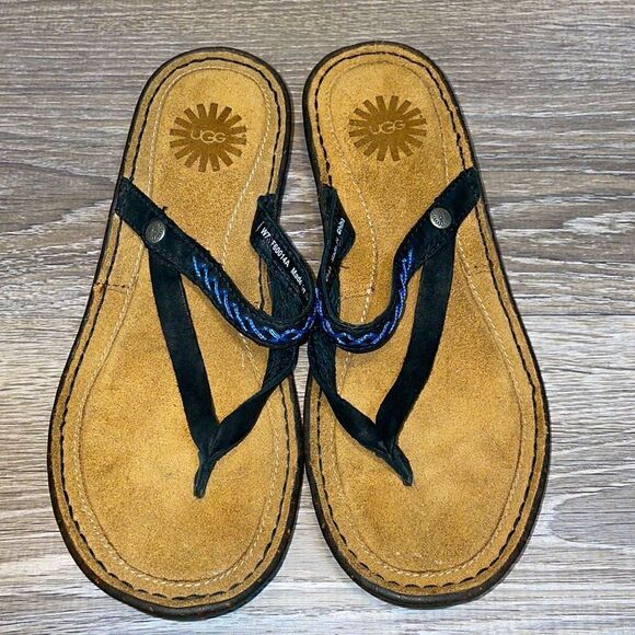 Ugg Niya Slip On Strap Black Leather Thong Women’s Size 7 Flip Flop Sandal NWOT - Picture 11 of 12